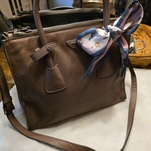 PRADA Classic Leather Tote with Floral Scarf Accent - Brown